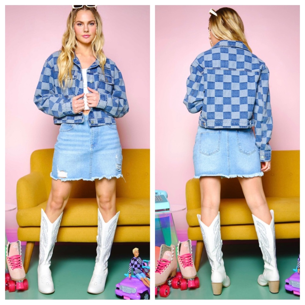 ShopEvelynne Blue Checkerboard Cropped Denim Jacket
